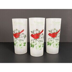 3 VIRGINIA Frosted Drinking Glasses State Bird Cardinal Flower Dogwood VINTAGE